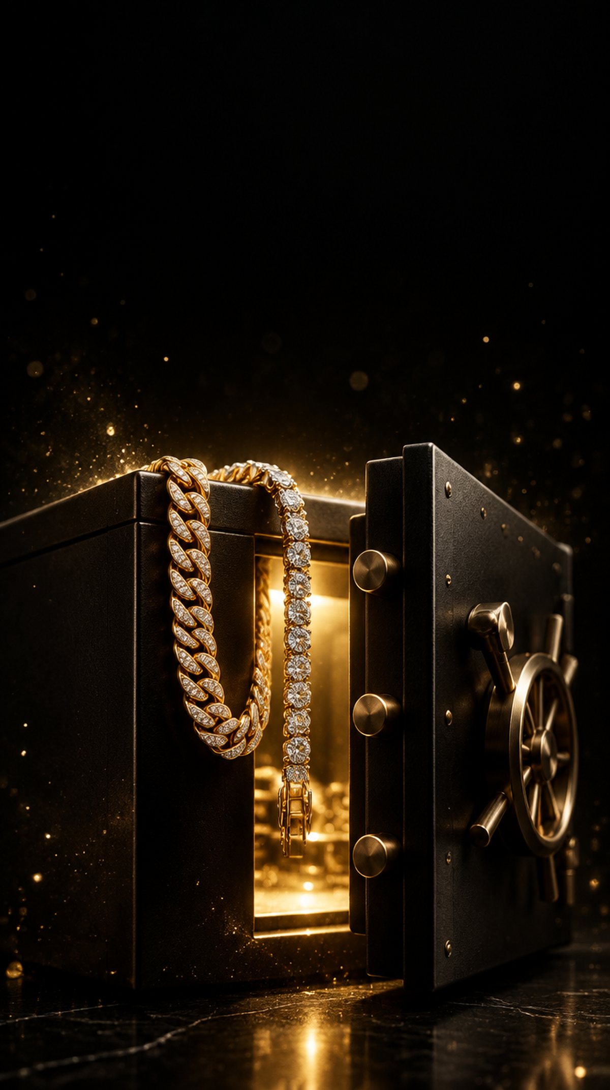 Gold chains and diamond jewelry in a matte black vault